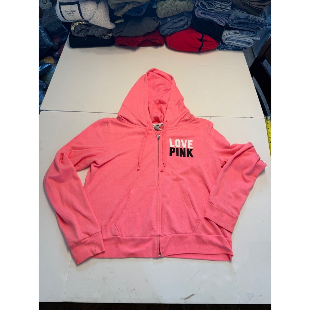 Victorias Secret PINK Neon Pink Full Zip Hoodie Love Pink Graphic Sweatshirt L